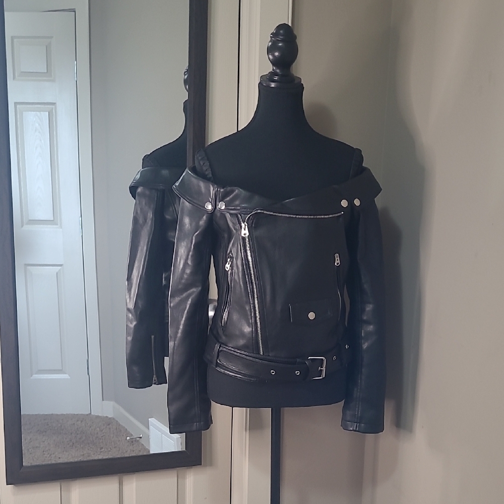 Black Off-Shoulder Faux Leather Jacket